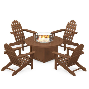 POLYWOOD Classic Adirondack 5-Piece Conversation Set W/ Fire Pit Table - Teak